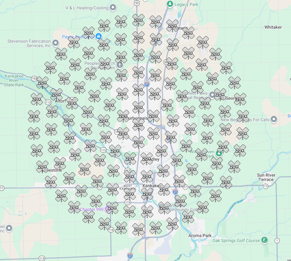 Local map ranking grid before SEO engagement — buried with 20+ position pins